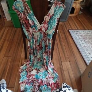 WinWin Vibrant Floral Midi Dress in Red and Teal